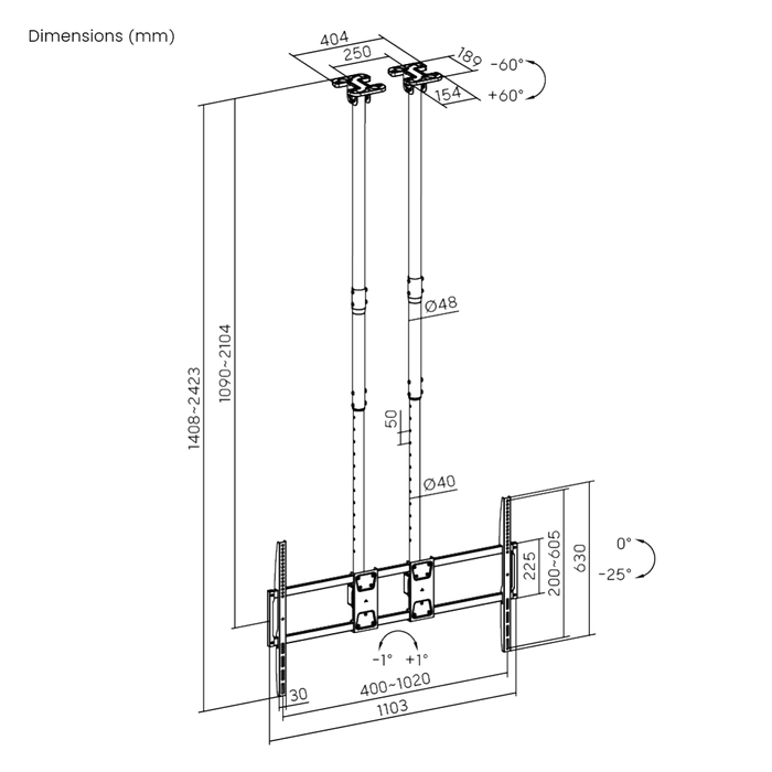 Heavy Duty XL ceiling bracket with double tube 60-120 inches and 120kg load capacity