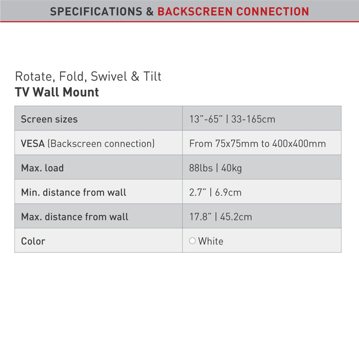 High-quality rotating and tilting wall bracket for screens up to 48"