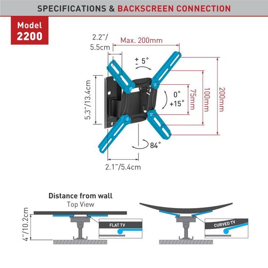 Wall bracket rotatable and tiltable for screens from 10" to 43"