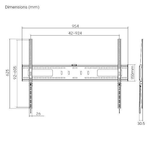 Flat wide wall bracket for screens up to 100 inches