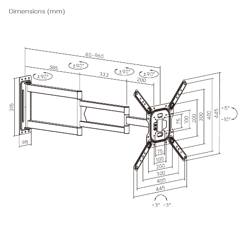 Wolff Mount Extra Long Full-Motion TV Wall Mount up to 65 inches | Up to 95cm from the wall! | Universal | VESA 400x400