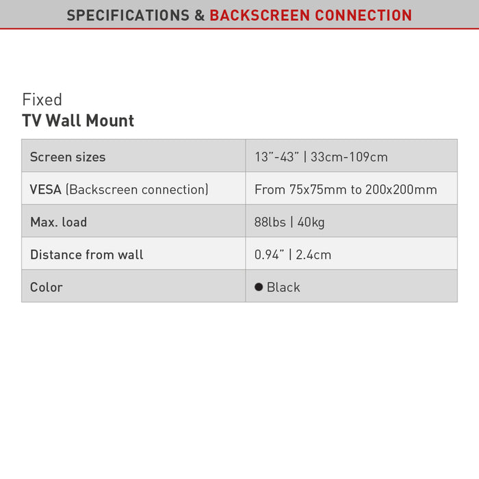 Compact Fixed wall bracket for screens up to 43 inches