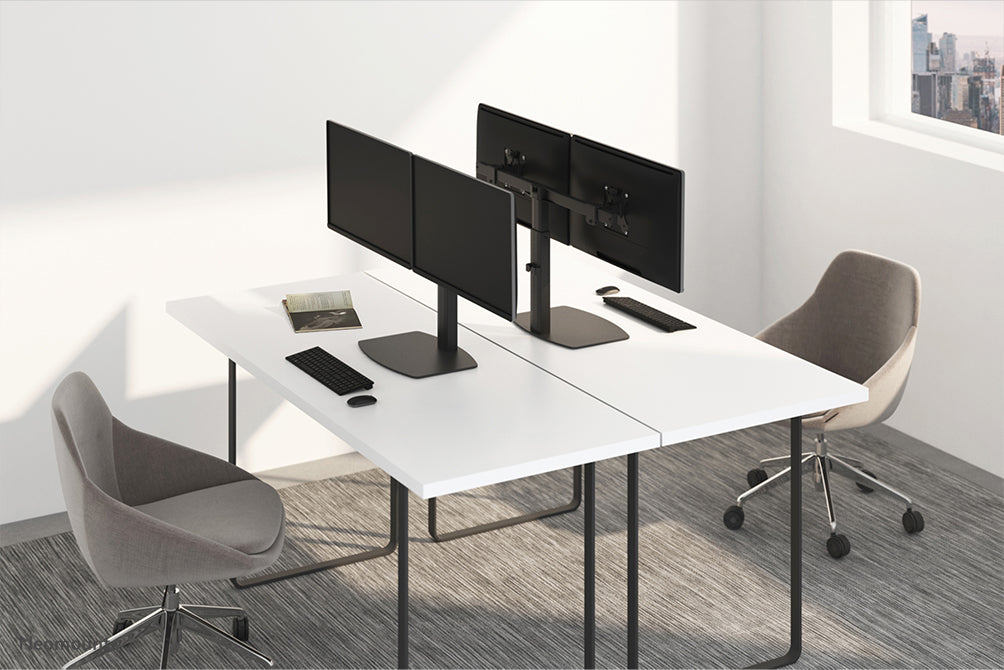 FPMA-D865DBLACK is a desk support for two flat screens up to 27 inches (69 cm).