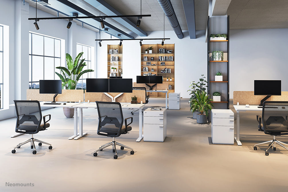 NM-D750DWHITE is a gas-suspended desk support for two flat screens up to 32 inches (82 cm).