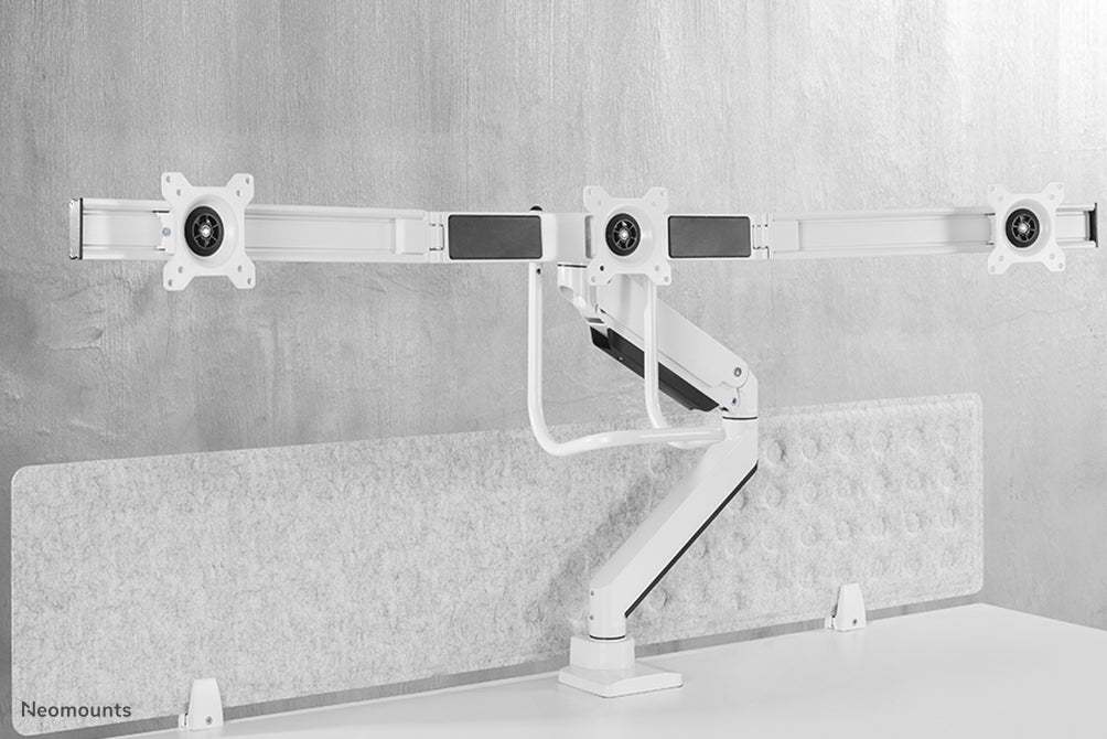 NM-D775DX3WHITE is a gas-suspended desk support with crossbar and lever for flat screens up to 27 inches (68.6 cm).