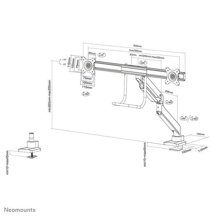 NM-D775DXBLACK is a gas-suspended desk support with crossbar and lever for flat screens up to 32 inches (81 cm).
