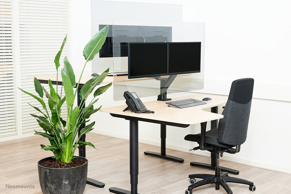 NS-PLXPROTECT2 is a transparent screen for 2 flat screens and provides distance protection on the work floor - Transparent acrylic, 100% recyclable | PLXPROTECT from is registered as an EU Design patent |