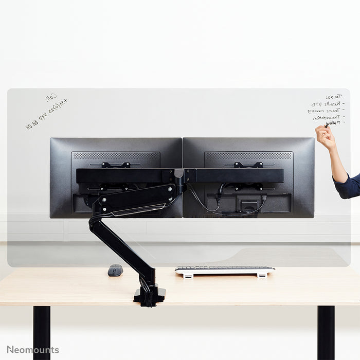 NS-PLXPROTECT2 is a transparent screen for 2 flat screens and provides distance protection on the work floor - Transparent acrylic, 100% recyclable | PLXPROTECT from is registered as an EU Design patent |