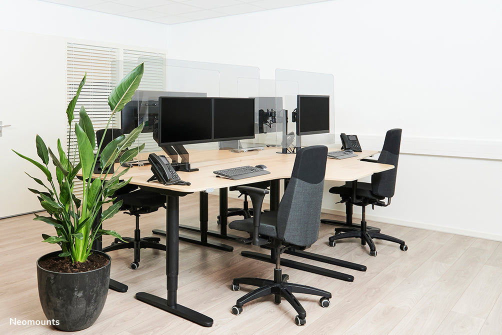 NS-PLXPROTECT2 is a transparent screen for 2 flat screens and provides distance protection on the work floor - Transparent acrylic, 100% recyclable | PLXPROTECT from is registered as an EU Design patent |