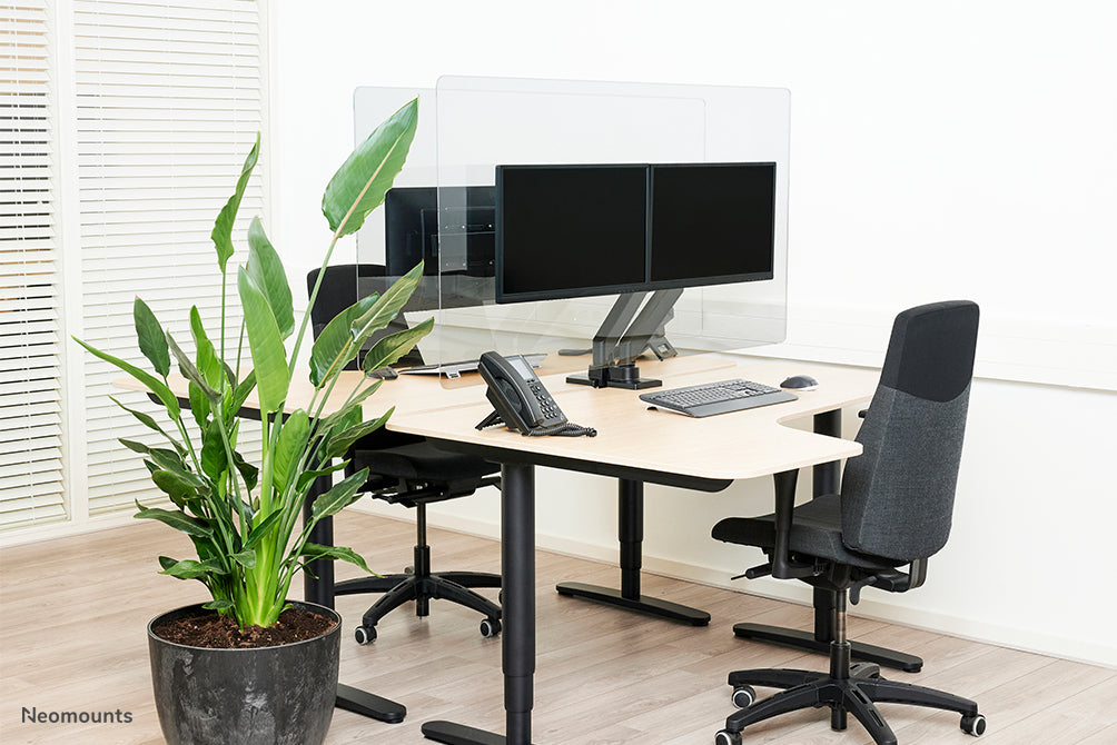 NS-PLXPROTECT2 is a transparent screen for 2 flat screens and provides distance protection on the work floor - Transparent acrylic, 100% recyclable | PLXPROTECT from is registered as an EU Design patent |