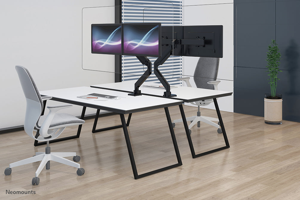 NS-PLXPROTECT2 is a transparent screen for 2 flat screens and provides distance protection on the work floor - Transparent acrylic, 100% recyclable | PLXPROTECT from is registered as an EU Design patent |