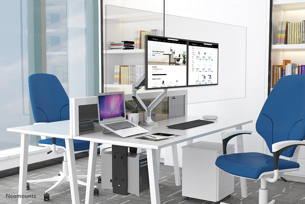 NS-PLXPROTECT2 is a transparent screen for 2 flat screens and provides distance protection on the work floor - Transparent acrylic, 100% recyclable | PLXPROTECT from is registered as an EU Design patent |