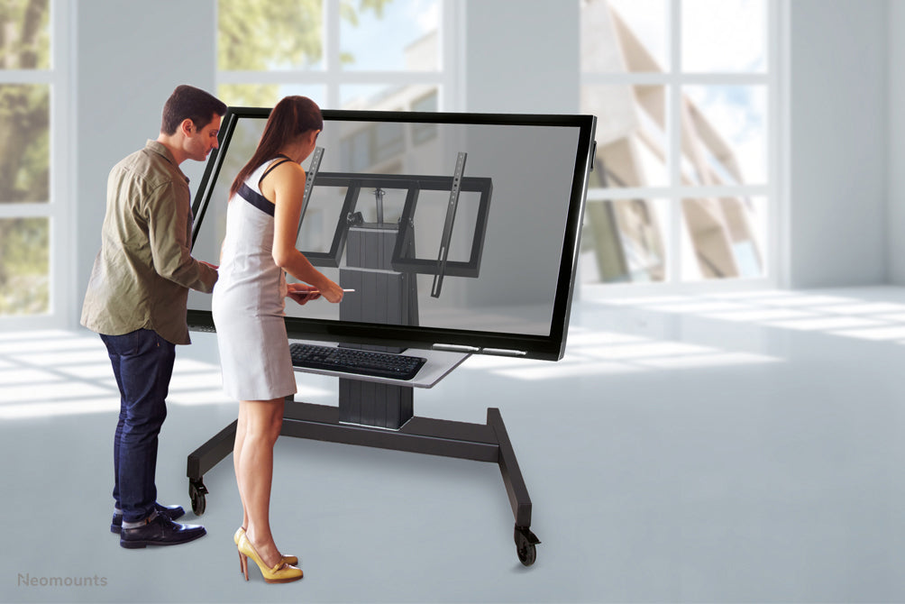PLASMA-M2500TBLACK is an electrically height-adjustable trolley with a 90 degree tilt function for flat screens up to 100 inches.