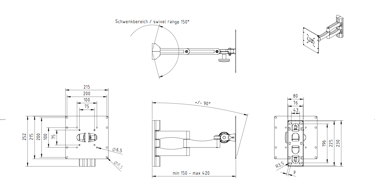 Hama Wall bracket Silver gray Vesa 200, 2 pivot points, tiltable