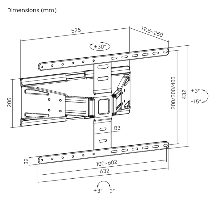 Support mural TV Wolff Mount Ultra plat à mouvement complet | Distance 19,5 à 250 mm | Pivotant - Inclinable | VESA 600x400 | Universel