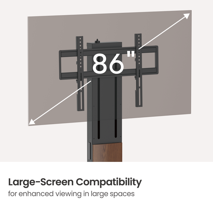 Wolff Mount – Vrijstaande Premium TV Vloer Standaard met FreeLift™ – Hoogte Verstelbaar met Eén Vinger – Geschikt voor TV’s t/m 86 inch – Extra Grote Massieve Voet – Kabelmanagement – Zwart/Walnoot