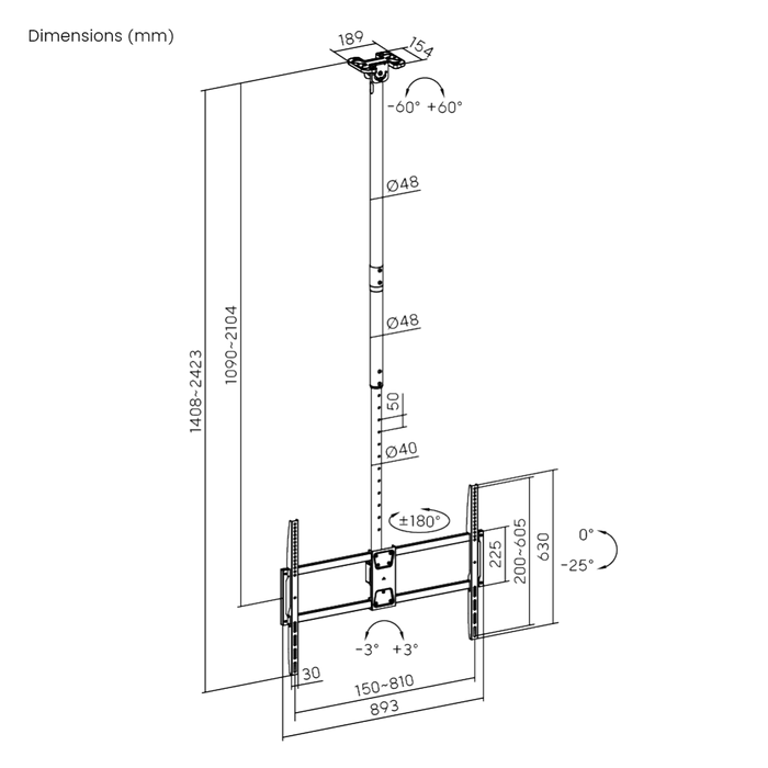 Sturdy ceiling bracket, height adjustable 50-100 inches and 80kg load capacity